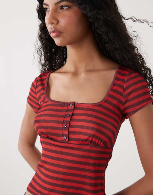 COLLUSION - Babydoll-henley-top med røde og sorte striber , 3 af 4