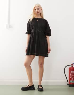 Collusion Back-channel Smock Mini Dress In Black
