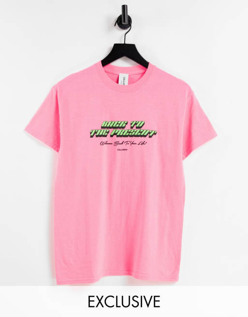 COLLUSION back to present graphic T-shirt in neon pink