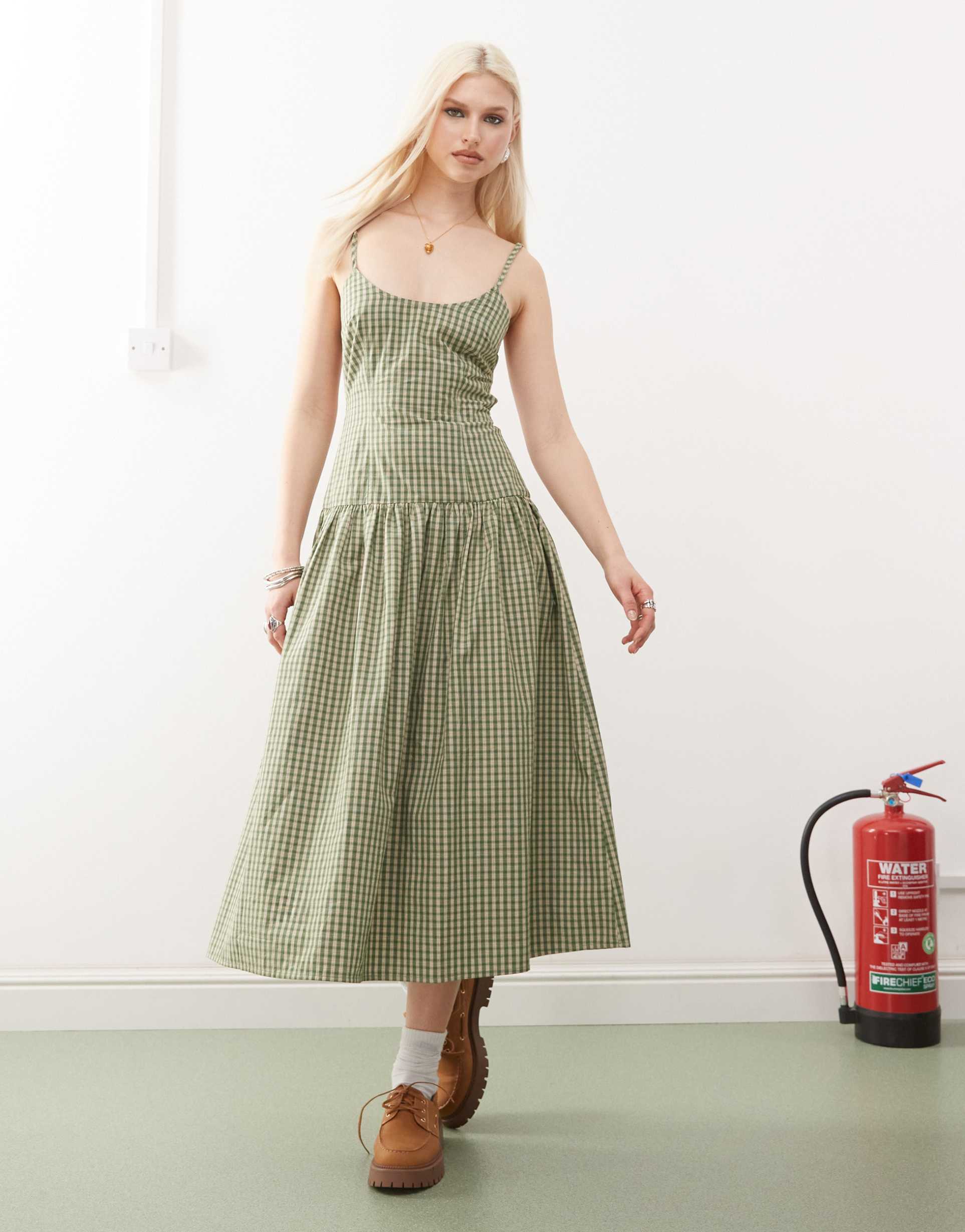 collusion backless drop waist maxi dress in green check