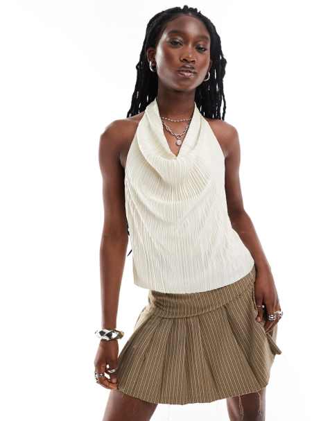 COLLUSION backless halter top in cream plisse - view 1