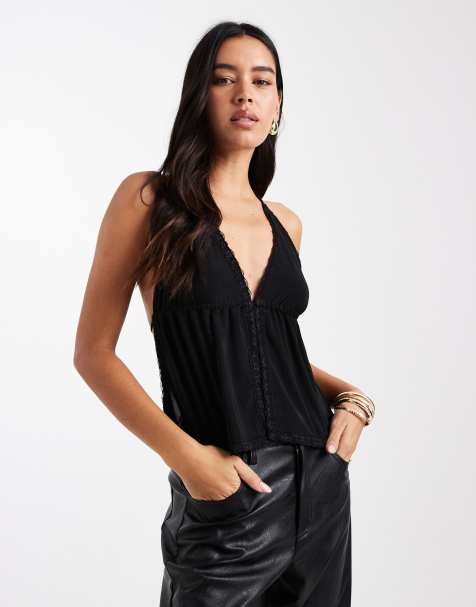 COLLUSION backless ruched front strappy top with lace trim black - view 1