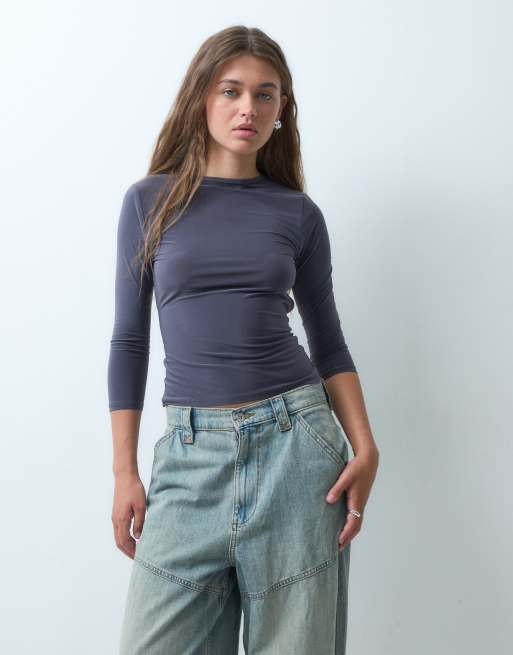 COLLUSION backless slinky 3/4 top in slate grey, 4 of 4