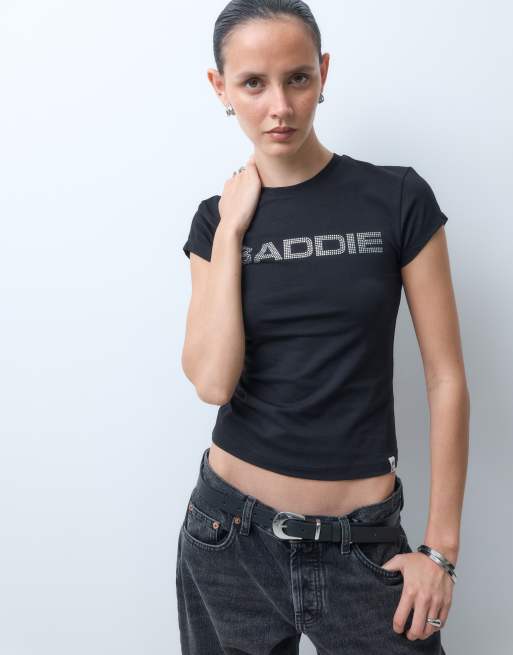 COLLUSION 'baddie' studded slogan baby tee in black, 3 of 5