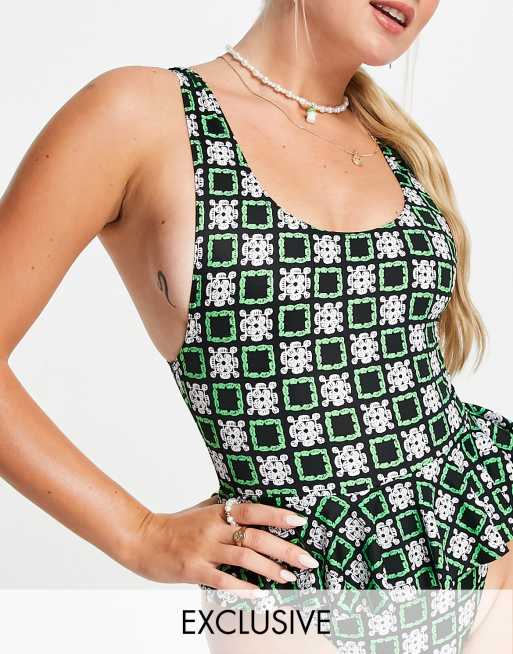 COLLUSION - Badpak met peplum in gehaakte print - MGREEN