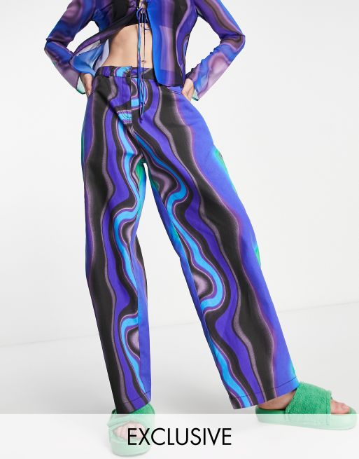 COLLUSION - Baggy broek van keperstof met lage taille en golvende print in blauw, deel van co-ord set