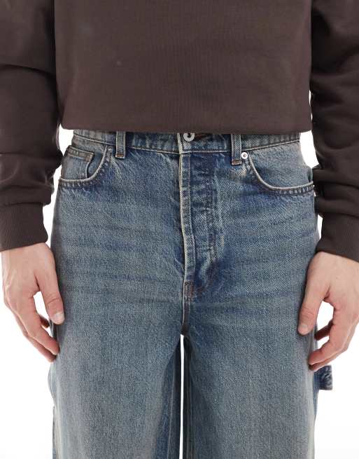 COLLUSION baggy carpenter mid rise jeans in dirty blue