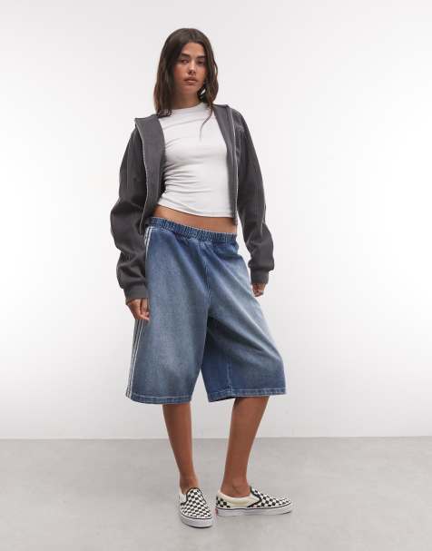 COLLUSION baggy denim shorts with side stripes detail in mid blue wash - view 1