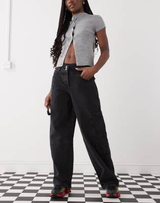 Collusion Baggy Jeans With Asymmetric Waistband In Washed Black
