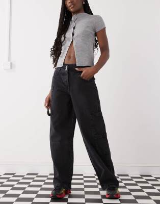 baggy jeans with asymmetric waistband in washed charcoal-Black