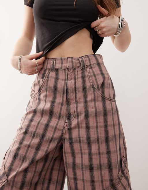 COLLUSION baggy longline jorts in pink check, 2 of 5