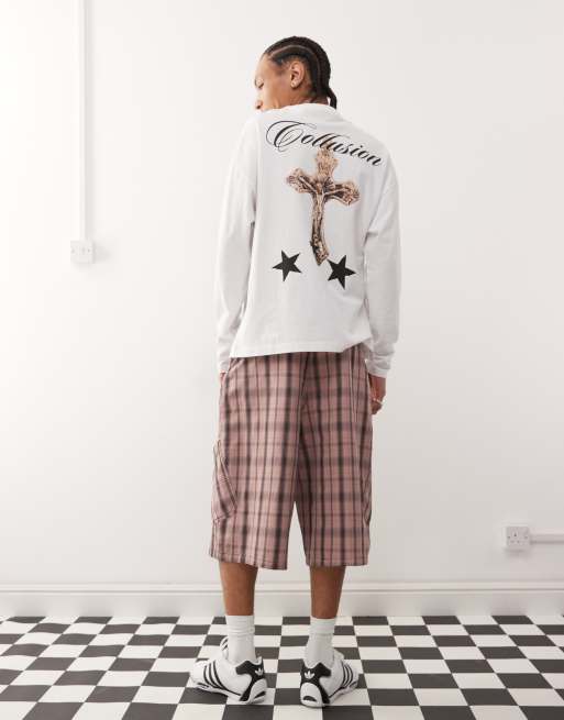 COLLUSION baggy longline jorts in pink check