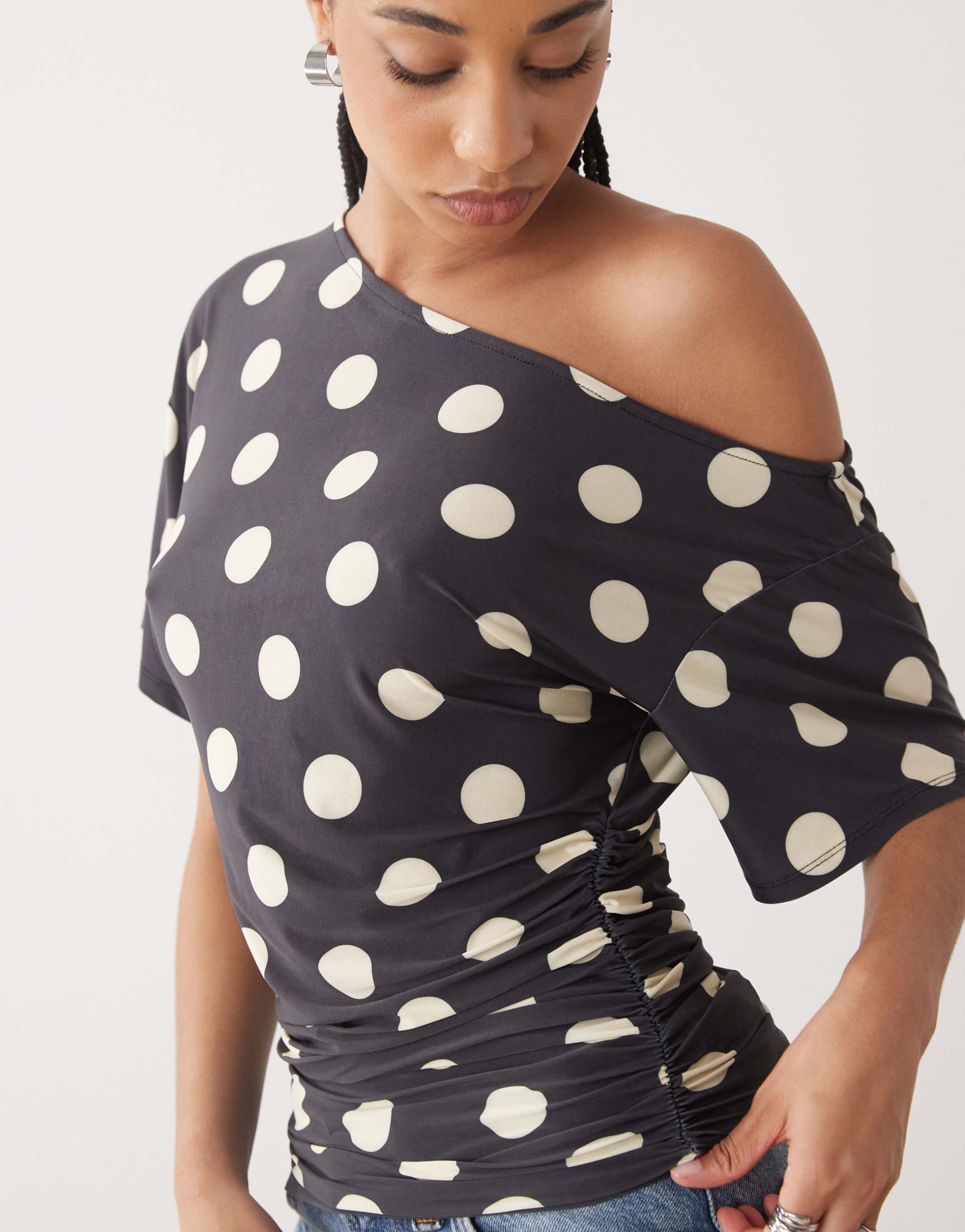 collusion baggy off shoulder top in polka dot