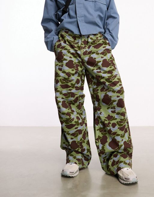 Plus Washed Camo Tie Hem Baggy Cargo Trousers