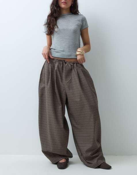 COLLUSION balloon leg trouser with tie waist in brown check - view 1