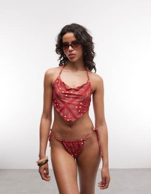 Collusion Bandana Print Tie Side Bikini Bottom In Red
