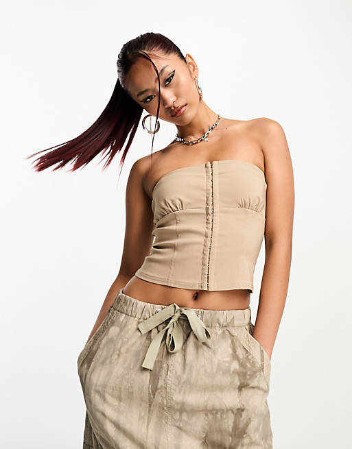 COLLUSION bandeau bengaline hook and eye corset in stone | ASOS