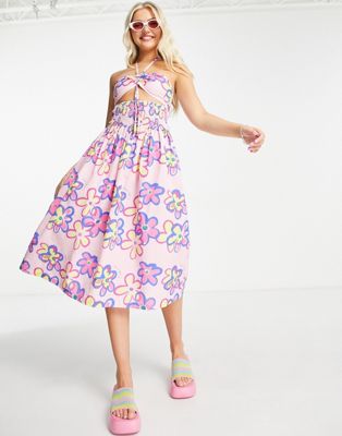COLLUSION bandeau cut out detail midi dress in pink floral | ASOS