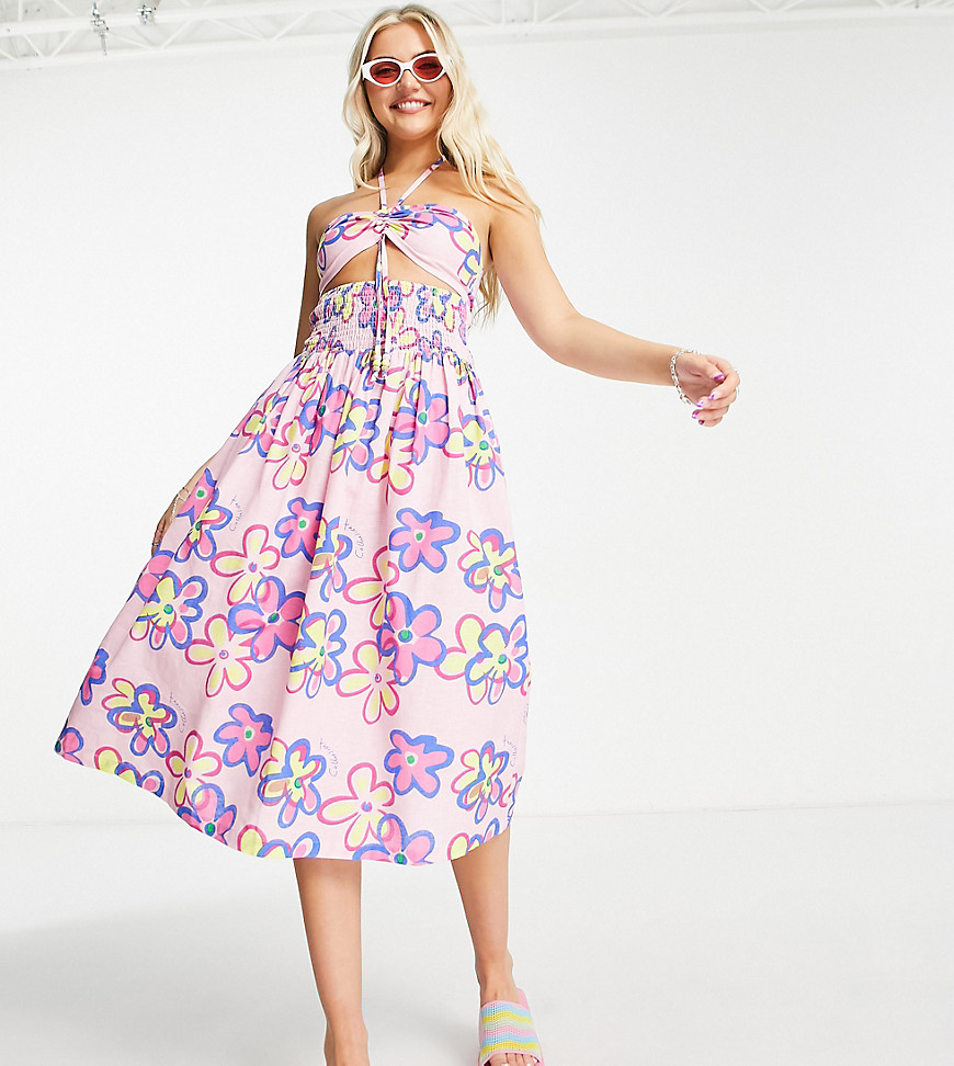 COLLUSION bandeau cut out detail summer midi dress in pink floral