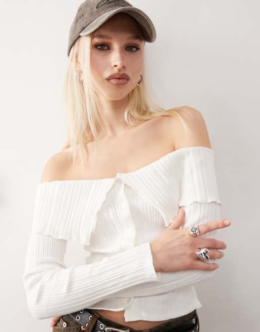 COLLUSION bardot top with button detailing in cream