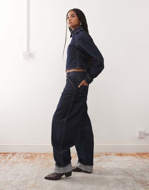 COLLUSION barrel jean with turn up hem in rinse with pink and orange stitching, 3 of 5