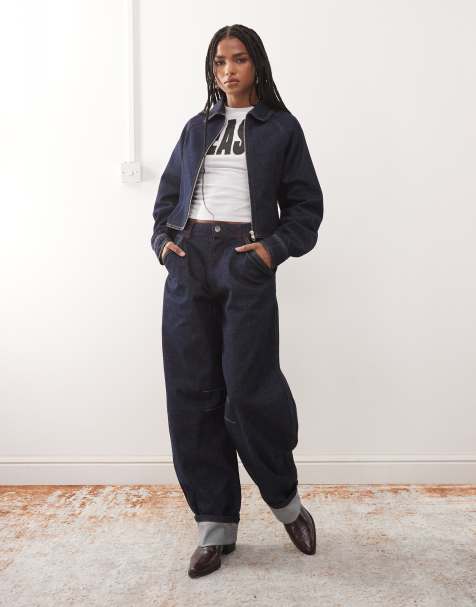 COLLUSION barrel jeans with turn up hem in rinse with pink and orange stitching - view 1