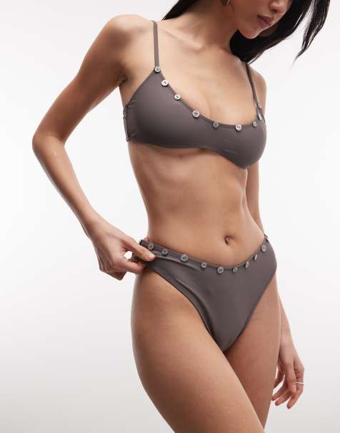 COLLUSION - Bas de bikini échancré à bordure ornée de boutons - Gris - view 1