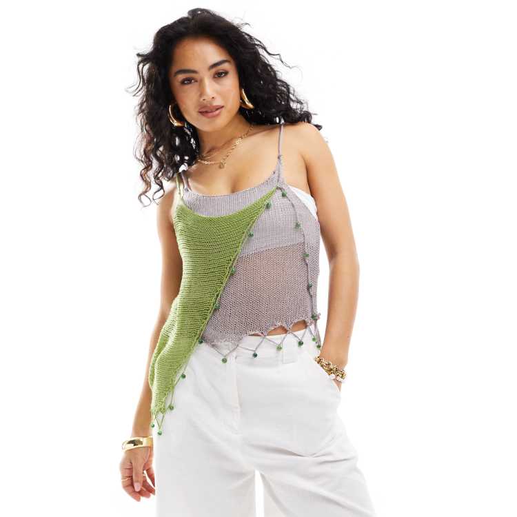 トップス Melt the lady drape string tops COLLUSION beach knit beaded drape top in green and lilac | ASOS