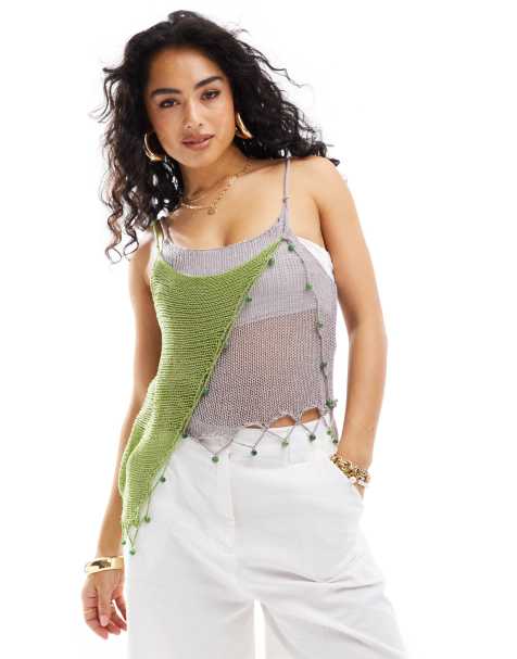 COLLUSION beach knitted beaded drape top in green and lilac - view 1