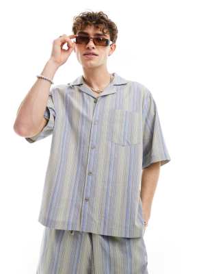 Collusion Beach Linen Mix Camp Collar Short Sleeve Shirt In Stripe - Part Of A Set-multi