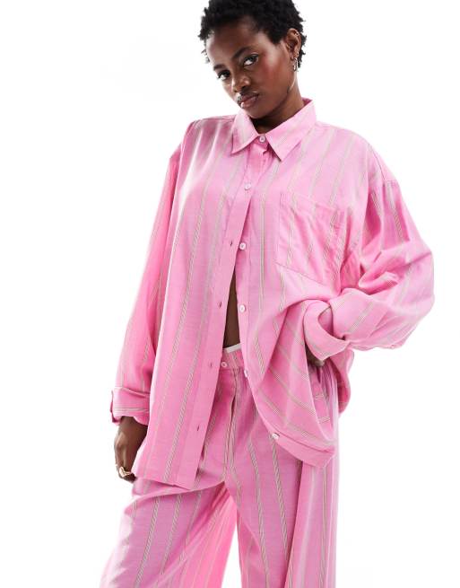 COLLUSION beach linen mix striped shirt in pink - part of a set