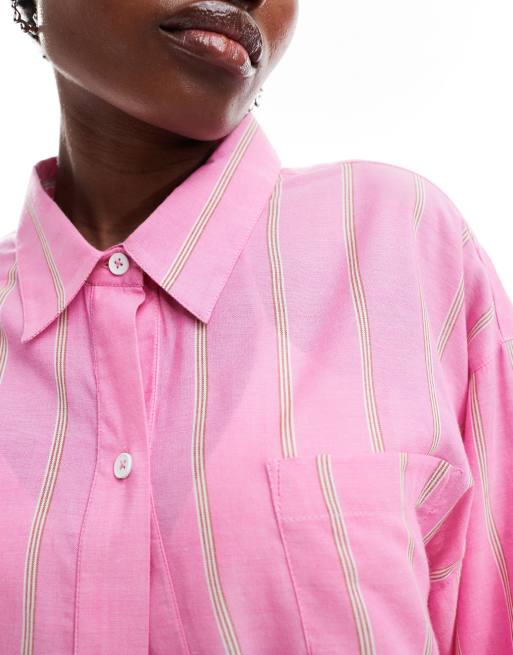 COLLUSION beach linen stripe shirt in pink (part of a set), 4 of 4