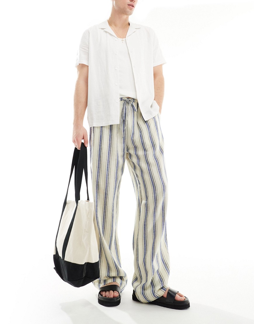 COLLUSION beach linen trouser in ecru stripe-White