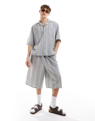 Collusion Beach Longline Baggy Linen Short In Stripe - Part Of A Set-multi In Gray