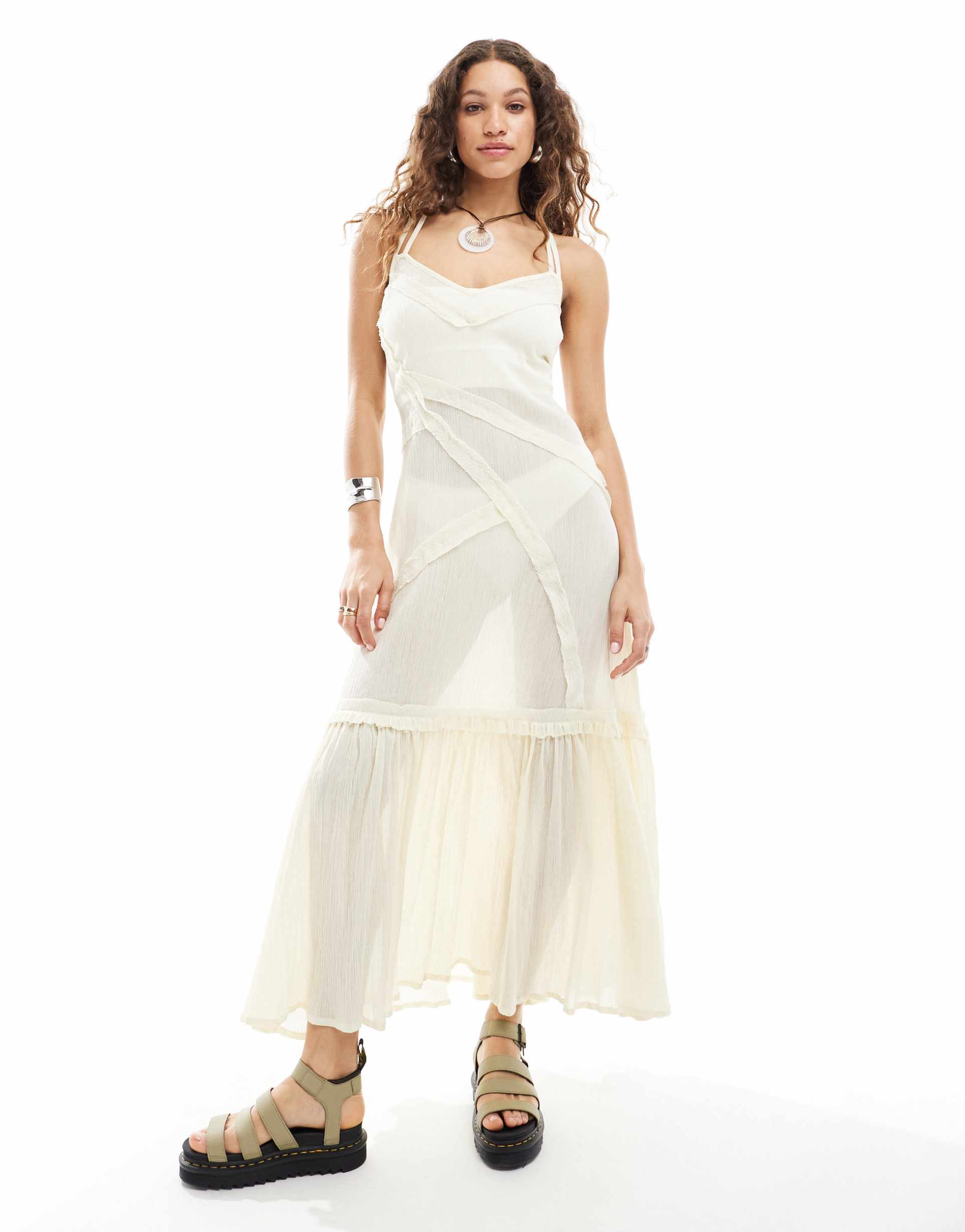 collusion beach maxi linen beach dress with seams in natural