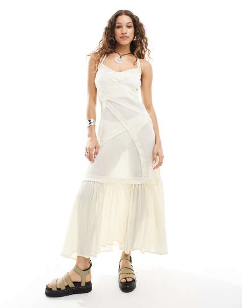 Collusion – Beach – Maxi-Strandkleid aus Webstoff in Naturfarben mit Ziernähten - view 1