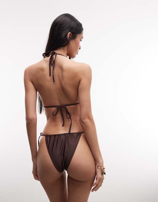 COLLUSION bead trim tie side bikini bottom in brown, 3 of 4