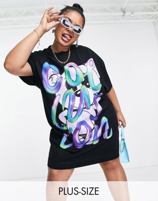 COLLUSION bear print oversized t-shirt dress in black