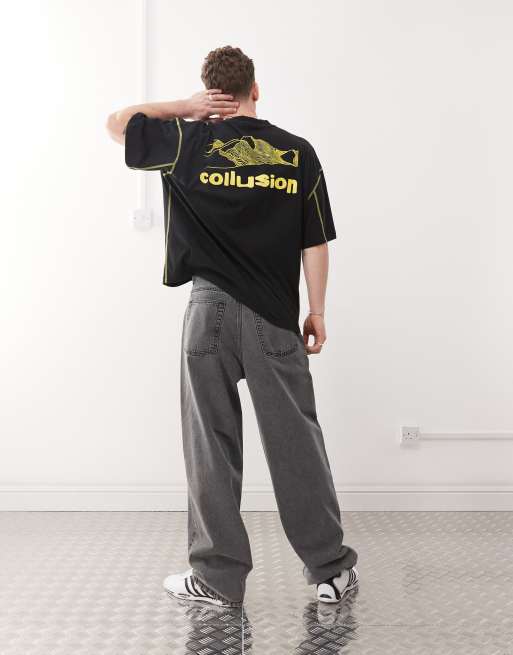 COLLUSION – Bedrucktes Oversize-T-Shirt in Schwarz mit Flachstich-Ziernaht, 2 von 4