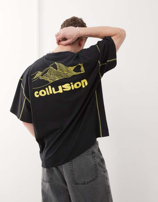 COLLUSION – Bedrucktes Oversize-T-Shirt in Schwarz mit Flachstich-Ziernaht, 4 von 4