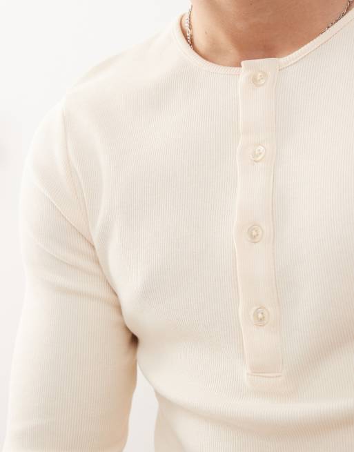 COLLUSION long sleeve ribbed henley slim fit t-shirt in stone