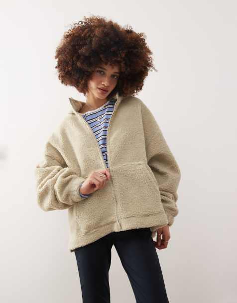 COLLUSION - Beige sweatshirt med hætte og lynlås i imiteret lammeskind - view 1
