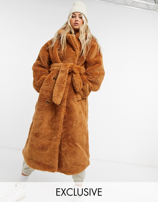 COLLUSION belted longline teddy overcoat in tobacco