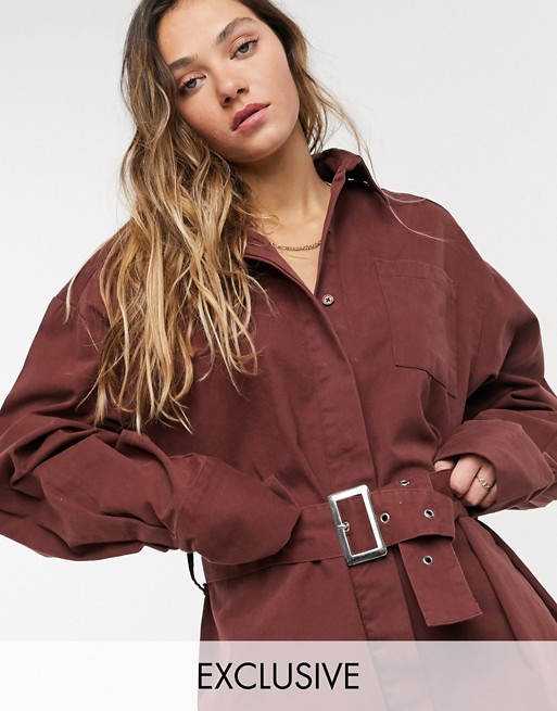 COLLUSION belted mini shirt dress in chocolate brown