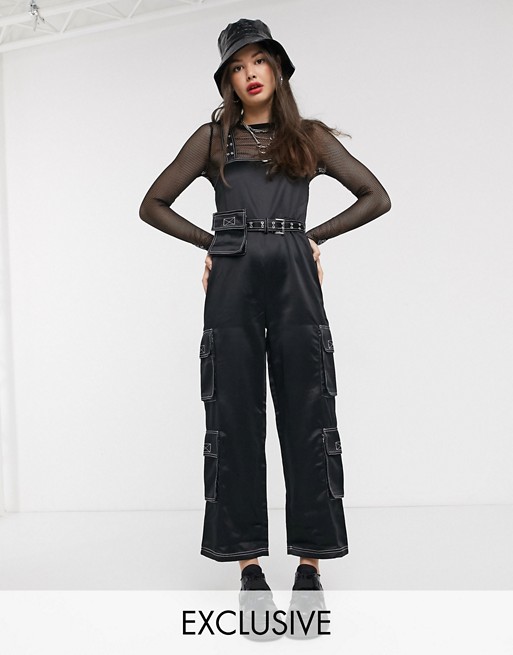 COLLUSION belted satin jumpsuit in black
