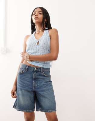 Bermuda ample en jean - Délavage moyen-Bleu 34