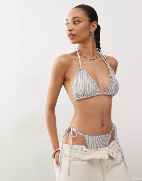 COLLUSION striped bikini top in white stripe