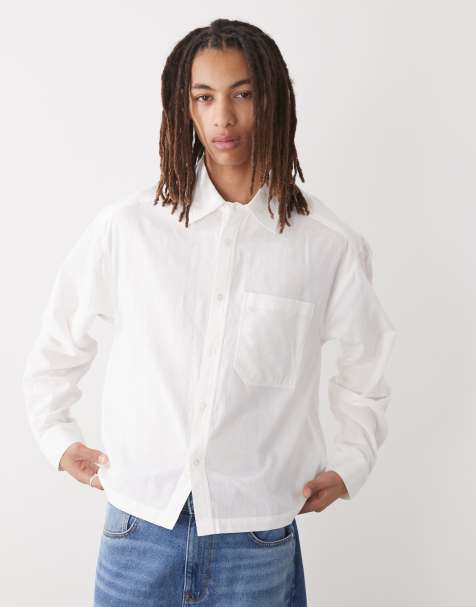 COLLUSION boxy linen look long sleeve shirt in white