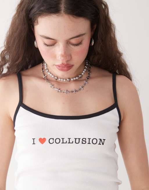 COLLUSION – Biały prążkowany top na ramiączkach z napisem „I LOVE COLLUSION”, 2 z 4