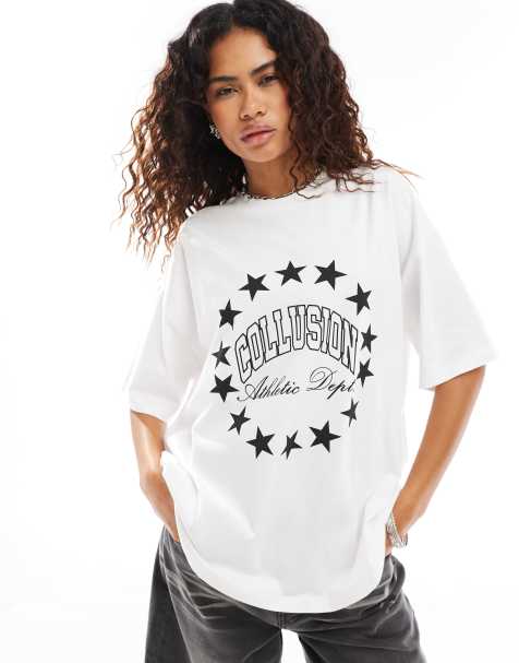 COLLUSION – Biały T-shirt o luźnym kroju z grafiką z gwiazdkami - view 1